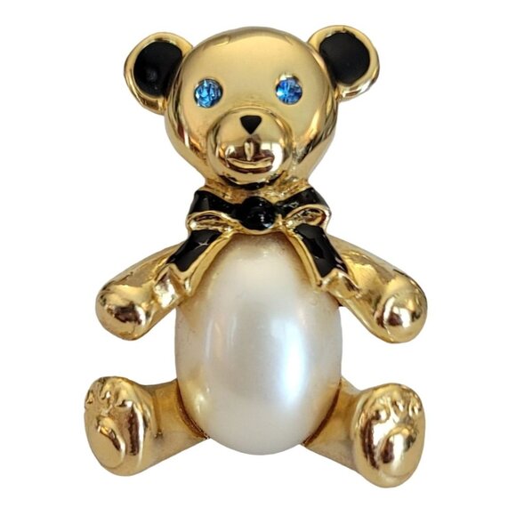 Carolee Gold-Tone Blue Rhinestone, Faux Pearl Belly Bear Brooch Pin, Signed M780 - Picture 9 of 9